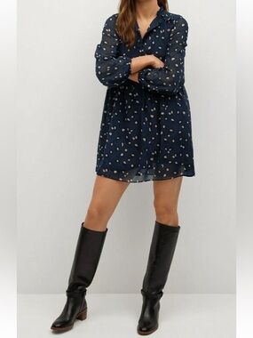 Mango Flowy Navy Polka Dot Mini Dress